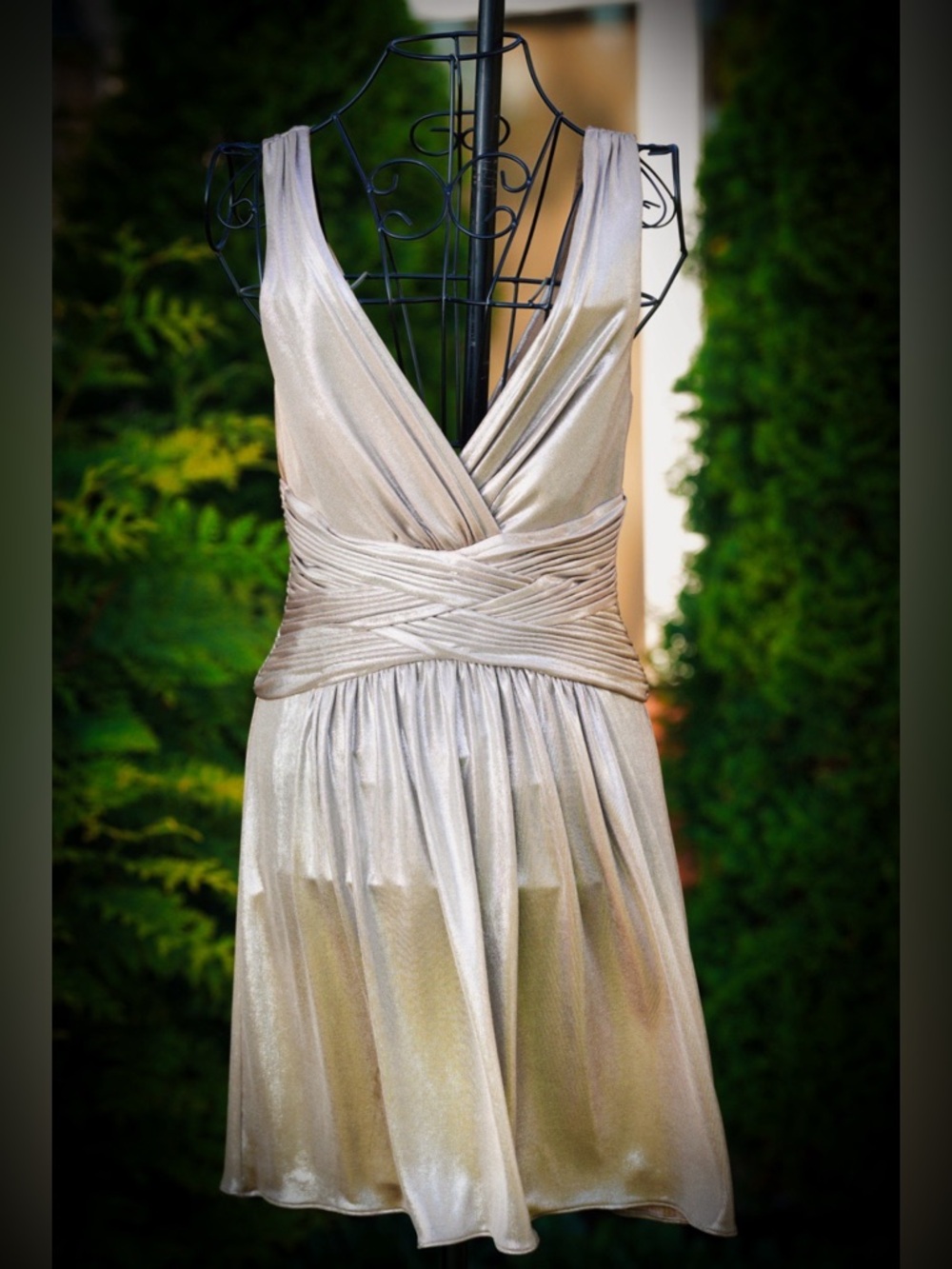 Gold Metallic Ruched V-Neck Dress